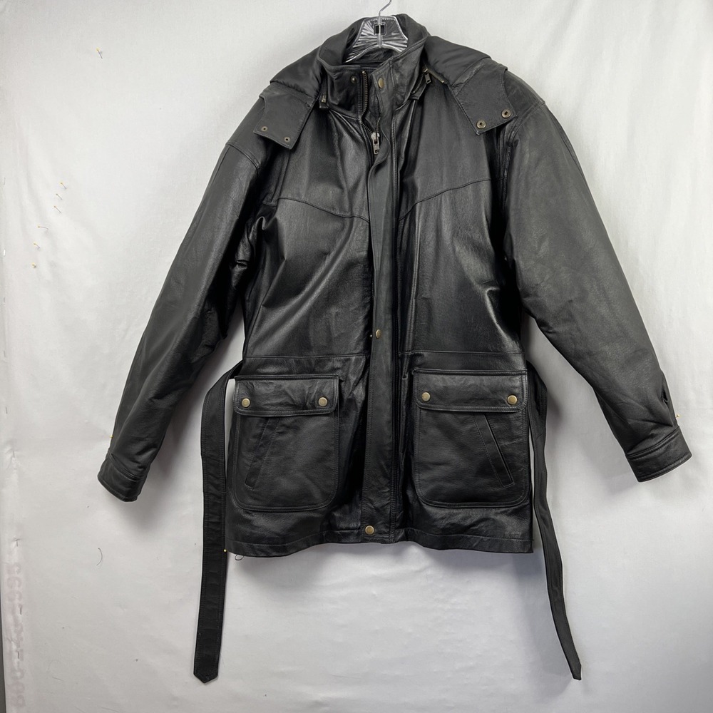 Wilda Leather Jacket Womens Medium Quilted Lining Black Belted Zip Up Hooded